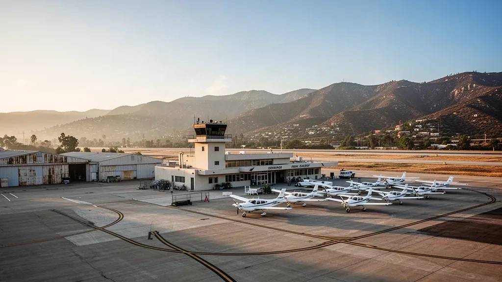Blick zur goldenen Stunde auf den Whiteman Airport in Pacoima, Kalifornien, mit Leichtflugzeugen auf dem Vorfeld und den San Gabriel Mountains im Hintergrund.