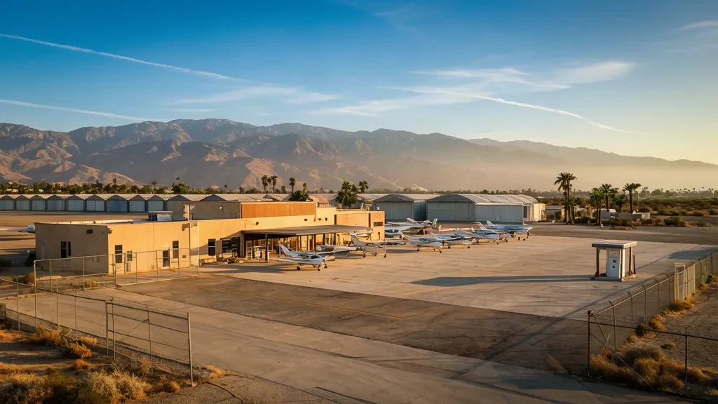 Aeronave ligera monomotor aparcada en la plataforma soleada frente al bajo terminal de aviación general del aeropuerto Whiteman en Pacoima, Los Ángeles