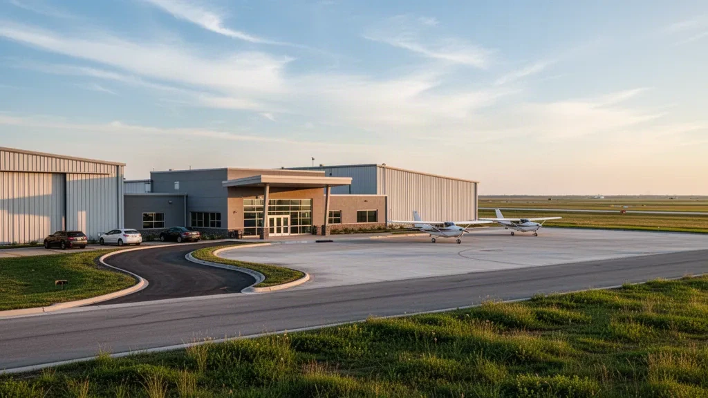 Veduta all'ora d'oro del terminal di un piccolo aeroporto regionale del Texas, con hangar e aerei leggeri sul piazzale vicino a Wharton