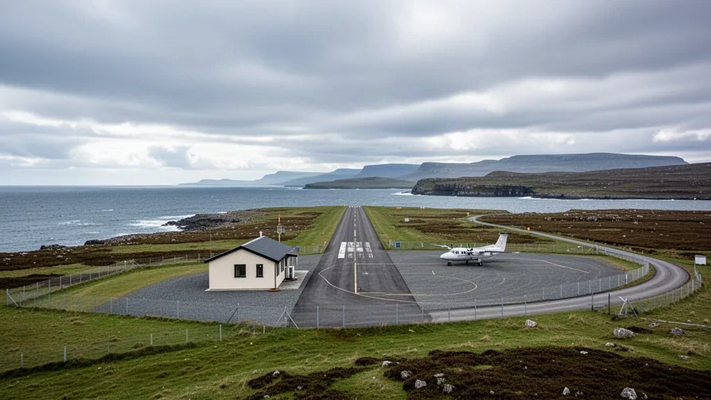 Pequeño aeródromo insular en Whalsay, en Shetland, con un edificio terminal bajo junto a una pista costera bajo un amplio cielo cubierto