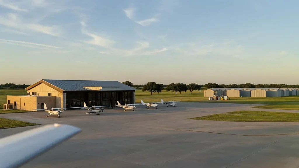 Wharton, Teksas'taki Wharton Regional Airport (WHT) genel havacılık terminali ve park apronu, açık gökyüzü altında küçük uçaklar ve hangarlar