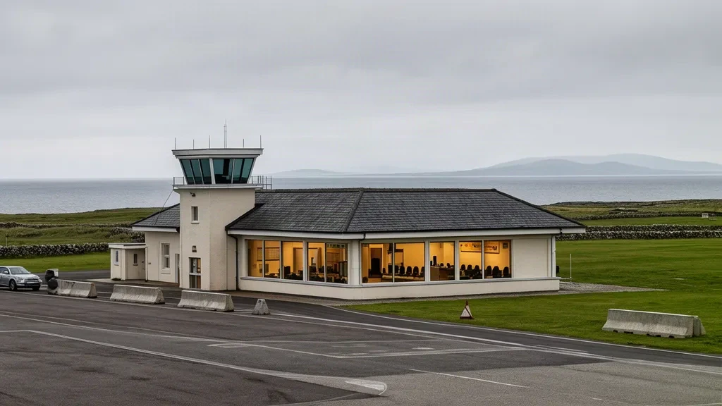 Terminalgebäude und Kontrollturm am Flughafen Wick John O'Groats in Caithness, schottisches Hochland, neben dem Vorfeld