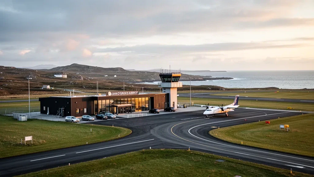 İskoçya'nın Caithness bölgesindeki Wick John O'Groats Havaalanı'nda yumuşak kuzey kıyı ışığı altında alçak modern terminal binası ve apron