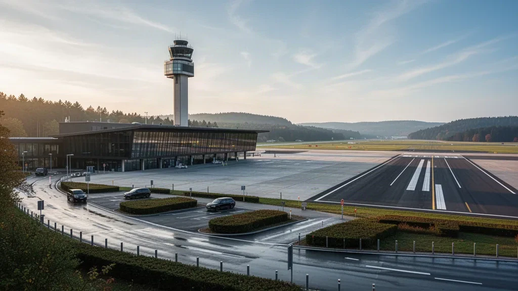 Terminal de aeródromo moderna y esbelta torre de control junto a una plataforma mojada cerca de Wiesbaden a la hora dorada, con cielo despejado.