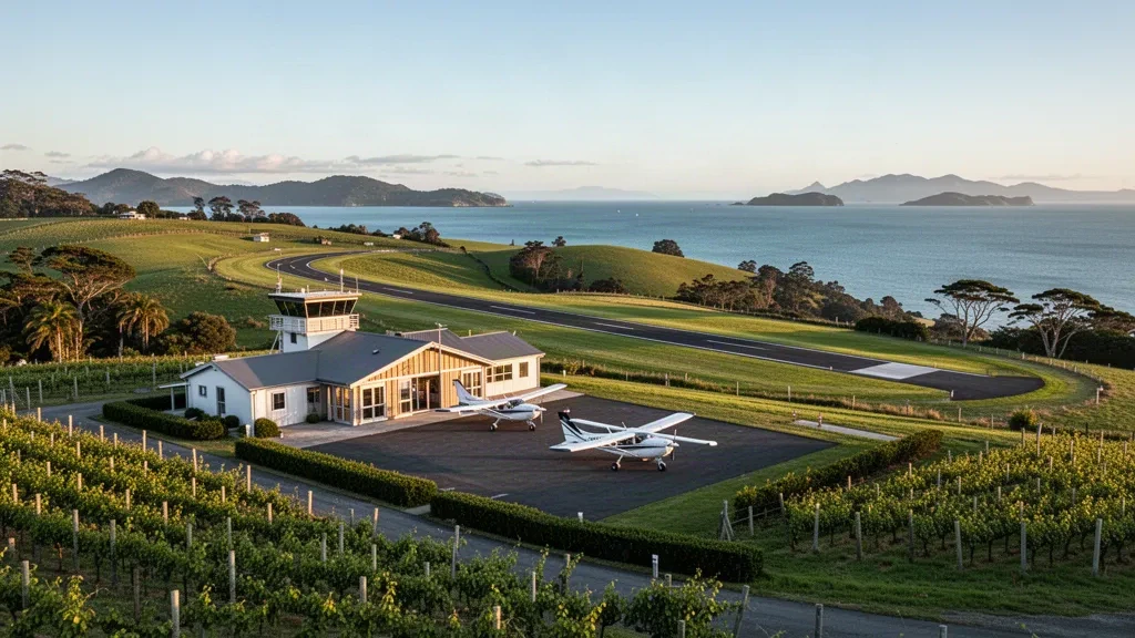 Aeromobile leggero sul piazzale accanto alla pista erbosa dell'aerodromo di Waiheke Island, incorniciato da colline verdi e dalla vista sul golfo di Hauraki.