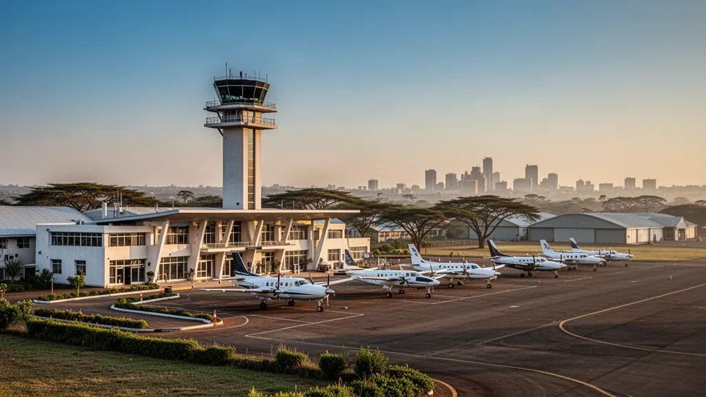 Aereo leggero parcheggiato sul piazzale accanto alla torre di controllo e al terminal dell'aeroporto di Nairobi Wilson in Kenya durante l'ora d'oro