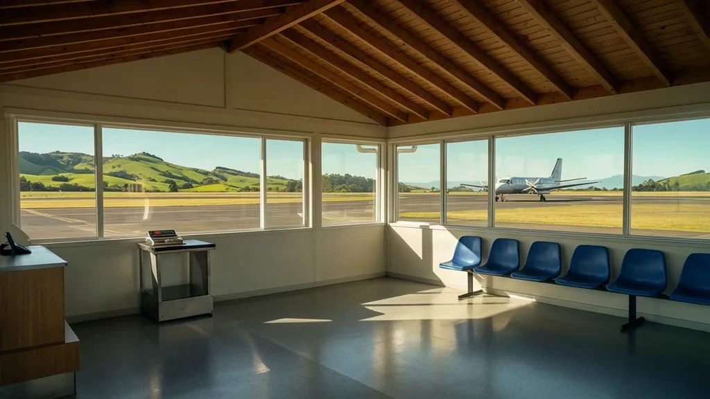 Quiet departure hall and check-in area inside Wairoa Airport's small regional terminal in New Zealand