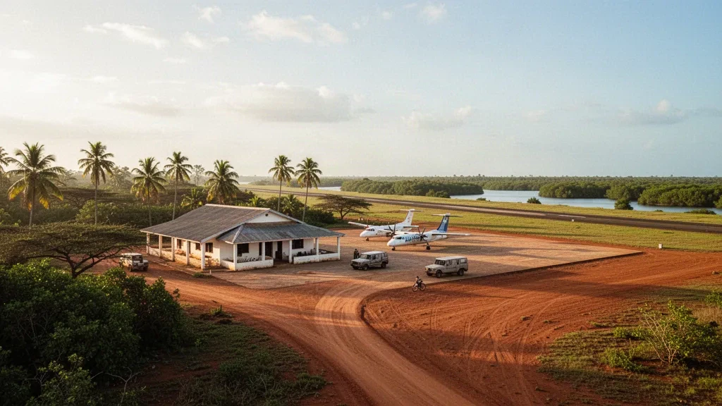 Small tropical airstrip at Witu Airport in Kenya, with a modest terminal, parked light aircraft and a palm-fringed runway at golden hour.