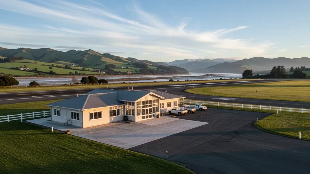 Yeni Zelanda, Hawke's Bay'de altın saatlerde yeşil kırsal tepelerle çevrili Wairoa Havalimanı terminal binası ve pist apronu