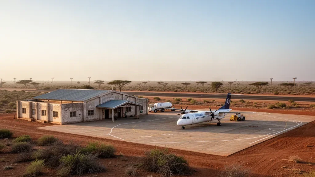 Kleines regionales Flughafenterminal und Vorfeld in Wajir, Kenia, mit einer parkenden Turboprop unter trockenem Halbwüstenhimmel