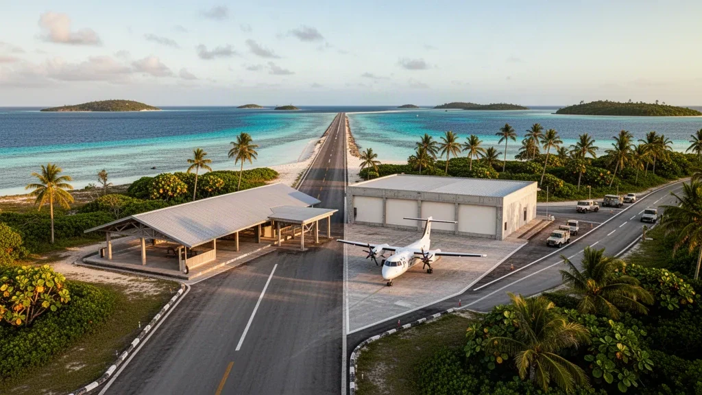 Kleine tropische Startbahn und offenes Terminal am Woja Airport auf dem Ailinglaplap-Atoll, Marshallinseln, mit Palmen und türkisfarbener Lagune