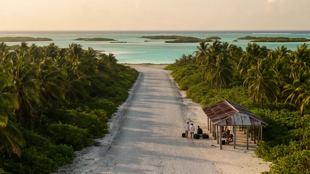 Piste corallienne isolée à l'aéroport de Woja sur l'atoll d'Ailinglaplap, îles Marshall, bordée de palmeraies avec un lagon turquoise au-delà