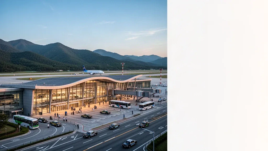 Terminal moderne en verre et voie de dépose à l'aéroport de Wonju dans le Gangwon, en Corée du Sud, avec des montagnes et un avion de passagers sous une lumière dorée.