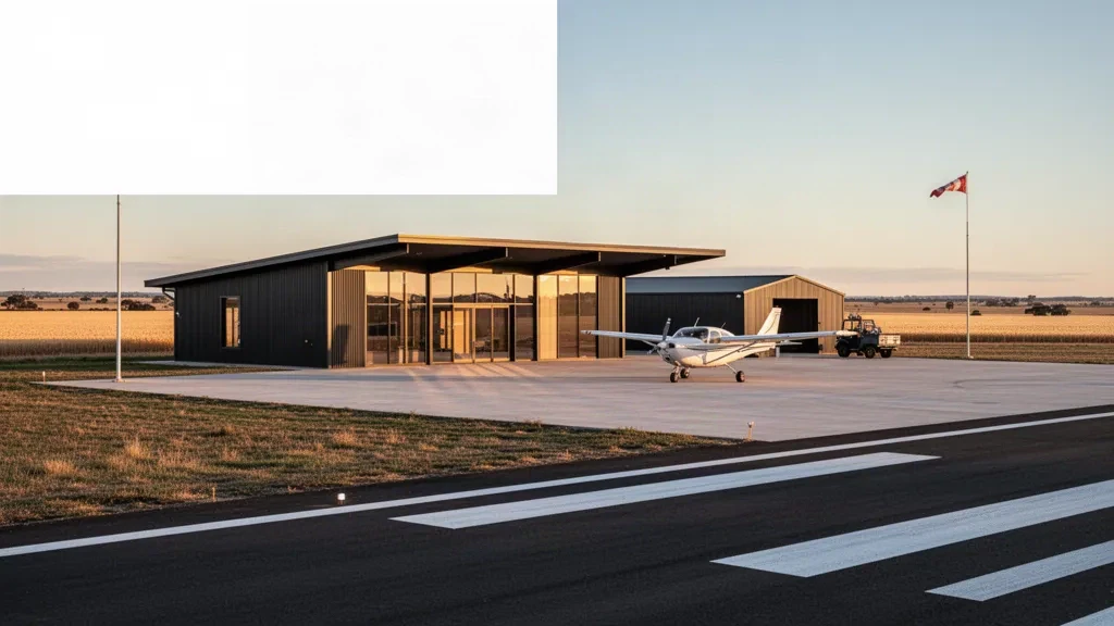 Rural regional aerodrome terminal and apron at Warracknabeal Airport in Victoria's Wimmera plains at golden hour