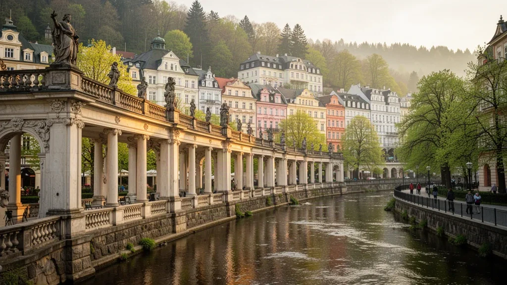 Mill Colonnade and pastel spa architecture along the Teplá River in Karlovy Vary, Karlovy Vary Region, Czech Republic