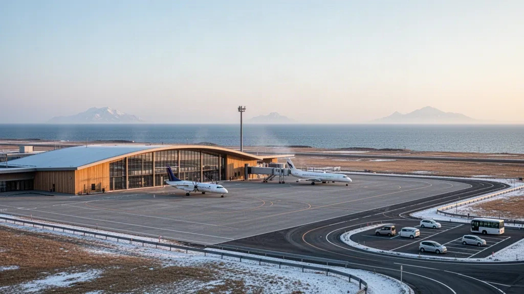 Modernes Terminal aus Glas und Holz am Flughafen Wakkanai in Hokkaido, mit Blick auf das Vorfeld und den Horizont des Japanischen Meeres in kaltem goldenen Licht.