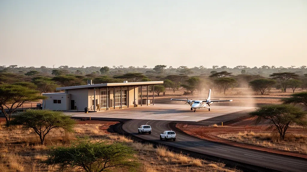 Petit terminal d'un seul niveau et tarmac de l'aéroport de Hwange Town au Zimbabwe, entourés de brousse de savane sèche à l'heure dorée