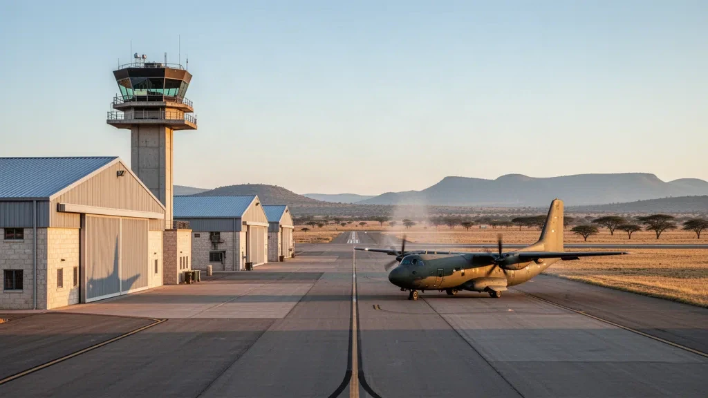Vue panoramique du terrain d'aviation de la base aérienne de Waterkloof à Centurion, en Afrique du Sud, avec des hangars et une tour de contrôle sous un ciel dégagé du Highveld