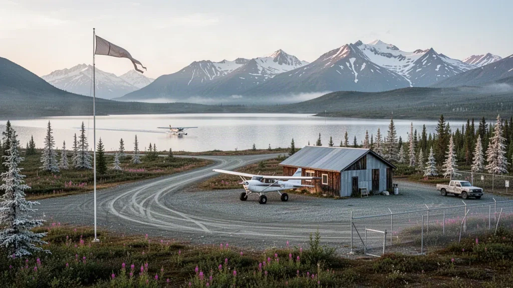 Pista in ghiaia e piccolo aereo da bush presso il remoto aeroporto di Aleknagik in Alaska, circondato da tundra, foresta di abeti e montagne in lontananza