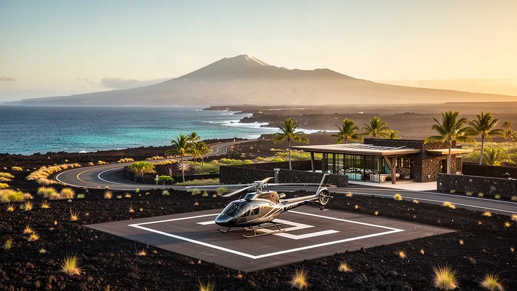 Elicottero su una piattaforma di atterraggio in roccia lavica sopra la Costa di Kohala durante l'ora d'oro vicino all'Eliporto di Waikoloa, Hawaii