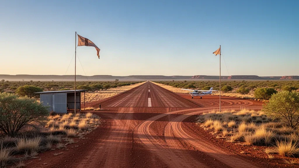 Remote outback airstrip at Wallal Downs Airport in Western Australia, with a red dirt runway, scrubland and wide open sky at golden hour.