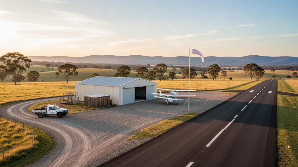 Pista di atterraggio rurale, hangar e strada di accesso all'aeroporto di Walcha nel New South Wales all'ora d'oro, incorniciati da colline ondulate