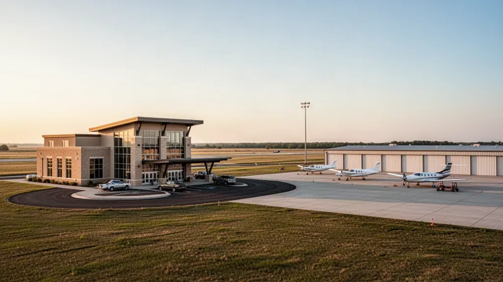 Small general aviation terminal building and hangar row on the ramp at Strother Field near Winfield, Kansas in warm golden-hour light.