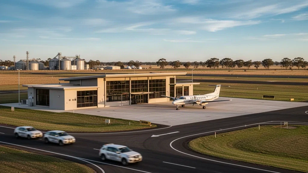 Regional airport terminal, apron and parked light aircraft in Miles, Queensland, Australia under warm golden-hour light