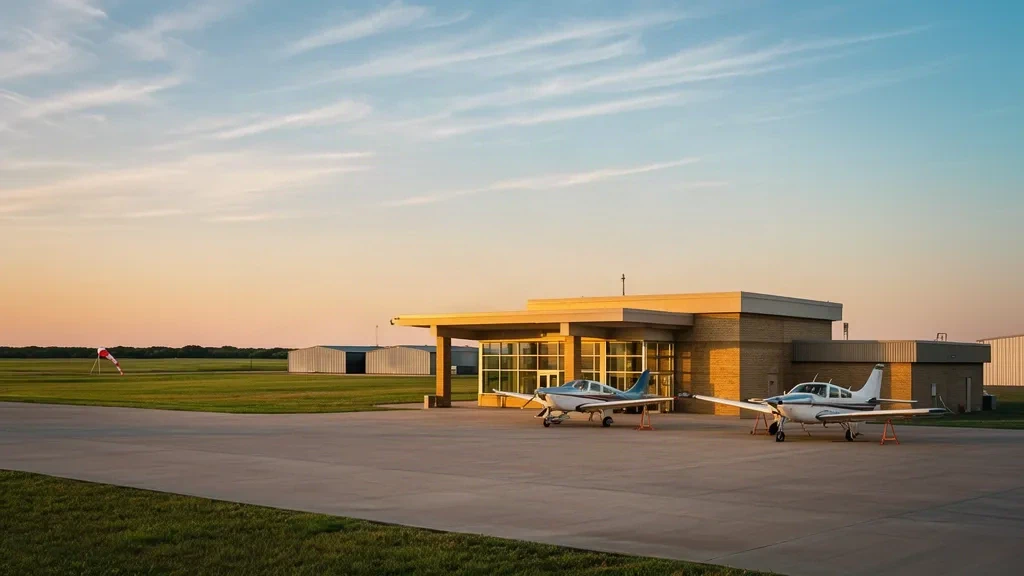 Piccolo terminal per l'aviazione generale e aeromobili leggeri parcheggiati allo Strother Field vicino a Winfield, Kansas, fotografati sulla piazzola durante l'ora d'oro
