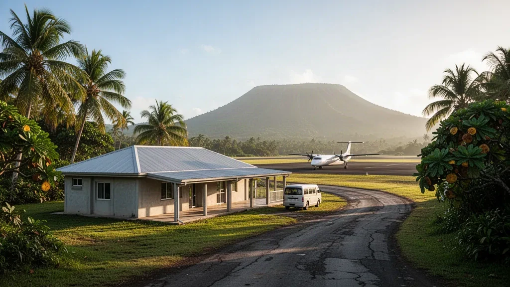Tropical island airstrip and small open-air terminal at Walaha Airport in Vanuatu, framed by palm trees and volcanic hills at golden hour