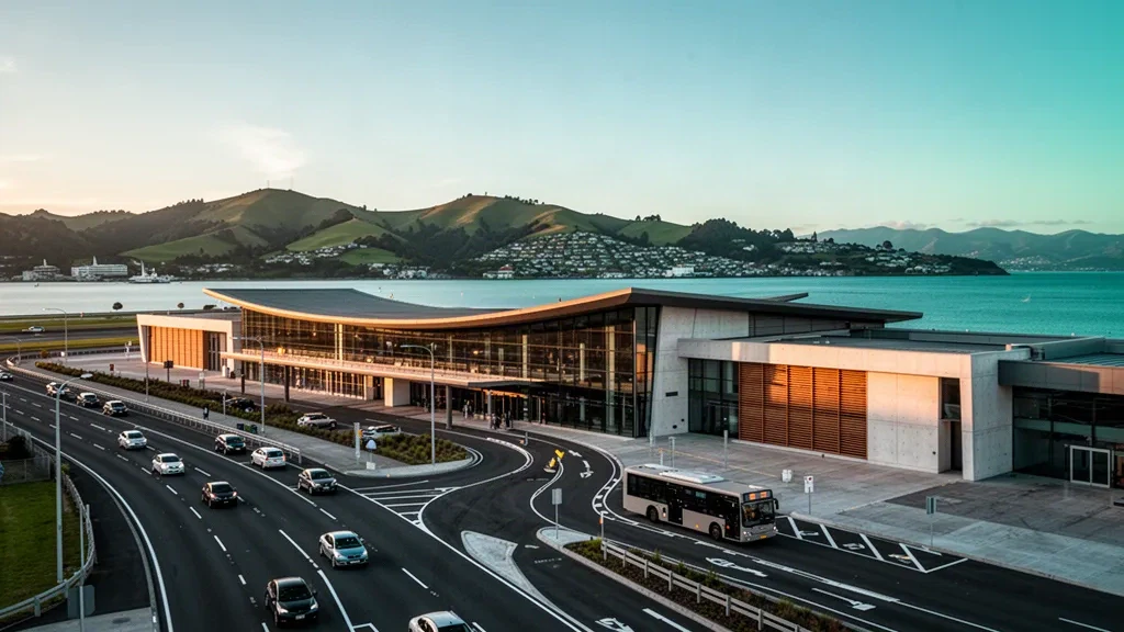 Terminal moderne en verre et en bois de l'aéroport international de Wellington, en Nouvelle-Zélande, illuminé à l'heure dorée avec les collines du port en arrière-plan.