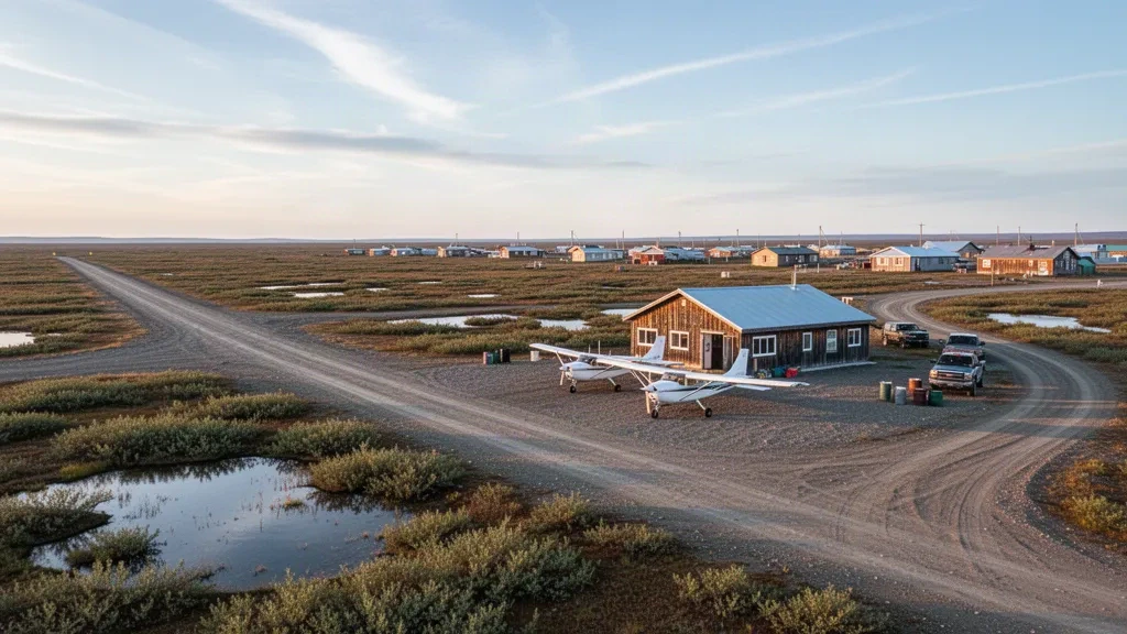 Piste en gravier et petit terminal en bois à l'aéroport isolé de Selawik en Alaska, avec des avions de brousse stationnés sur le tarmac dans une lumière arctique dorée