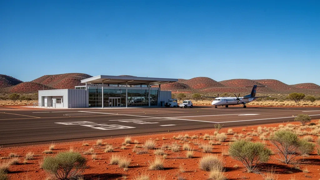 West Angelas Airport airstrip in the Pilbara outback with red earth, spinifex scrub and a modern mining terminal under a clear blue sky