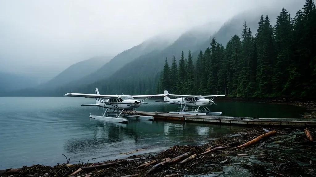 Hydravions amarrés à un quai en bois à la base d'hydravions de Loring, dans le sud-est de l'Alaska, avec des montagnes boisées brumeuses en arrière-plan