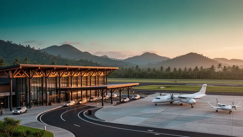 Walluanda Airport terminal and apron at golden hour, with a paved runway, parked turboprop aircraft and tropical hills behind.