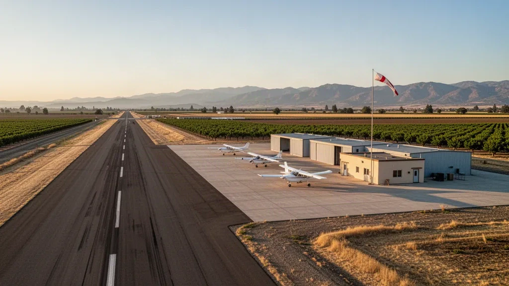 Avión ligero estacionado en la plataforma junto a los hangares del aeropuerto Willows-Glenn County, en el valle de Sacramento de California, a la hora dorada