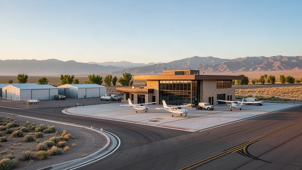 Winnemucca Municipal Airport terminal and apron in Nevada's high desert with parked light aircraft, hangars and distant mountains at golden hour