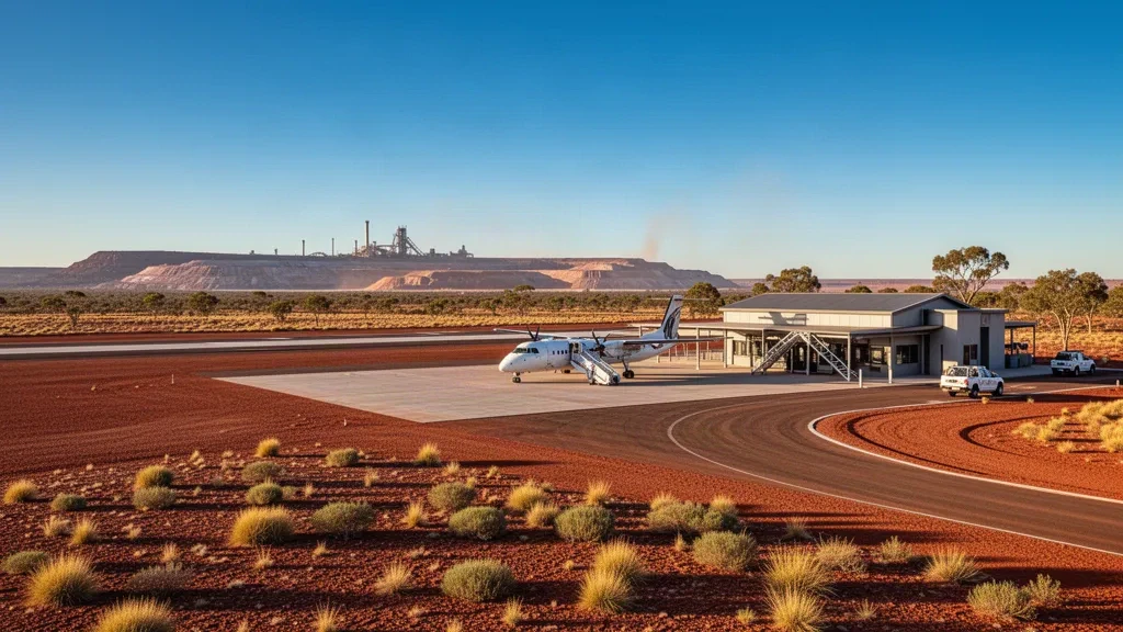 Remote airstrip and small terminal at Mount Keith Airport in Western Australia's arid Goldfields mining region at golden hour