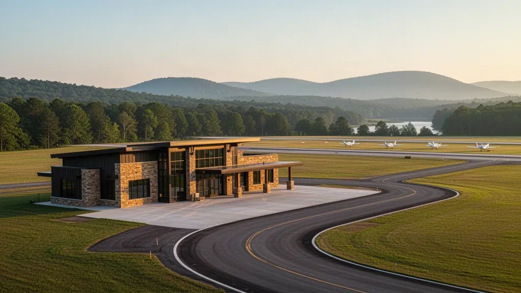 Modern Ozark Regional Airport terminal and runway near Mountain Home, Arkansas, framed by forested hills at golden hour.