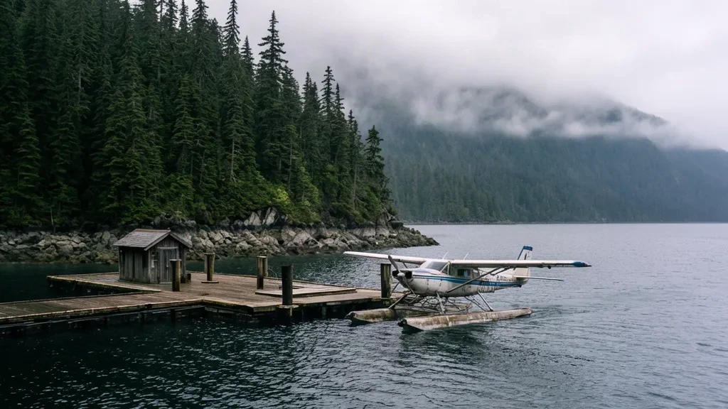 Floatplane at the wooden dock of Meyers Chuck Seaplane Base (WMK) in Southeast Alaska, surrounded by forested coastal mountains and mist.