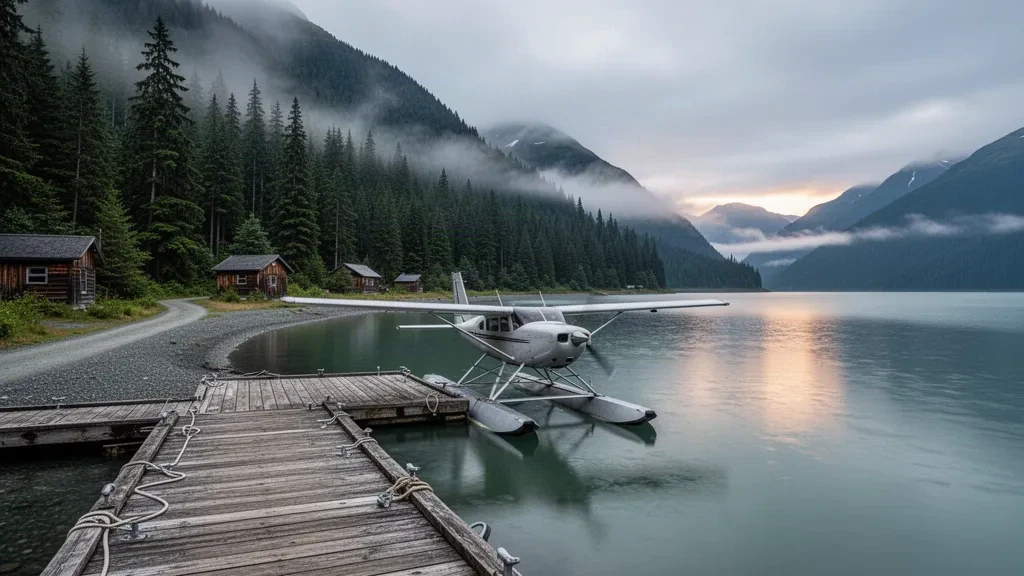 Hidroavión amarrado en un muelle de madera en la base de hidroaviones de Meyers Chuck, en el sureste de Alaska, con fiordos boscosos brumosos y aguas mareales tranquilas