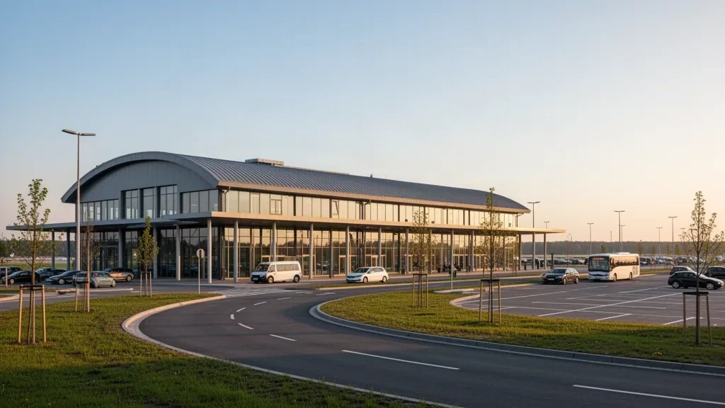 Exterior moderno de terminal de cristal y carriles de descenso en el aeropuerto de Varsovia Modlin bajo una suave luz de final de tarde