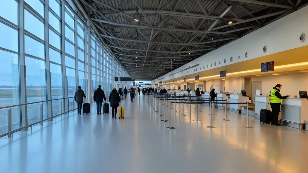Yumuşak gün ışığında check-in bankoları, kuyruk bariyerleri ve yolcularla Varşova Modlin Havalimanı'ndaki kalkış salonu iç mekanı