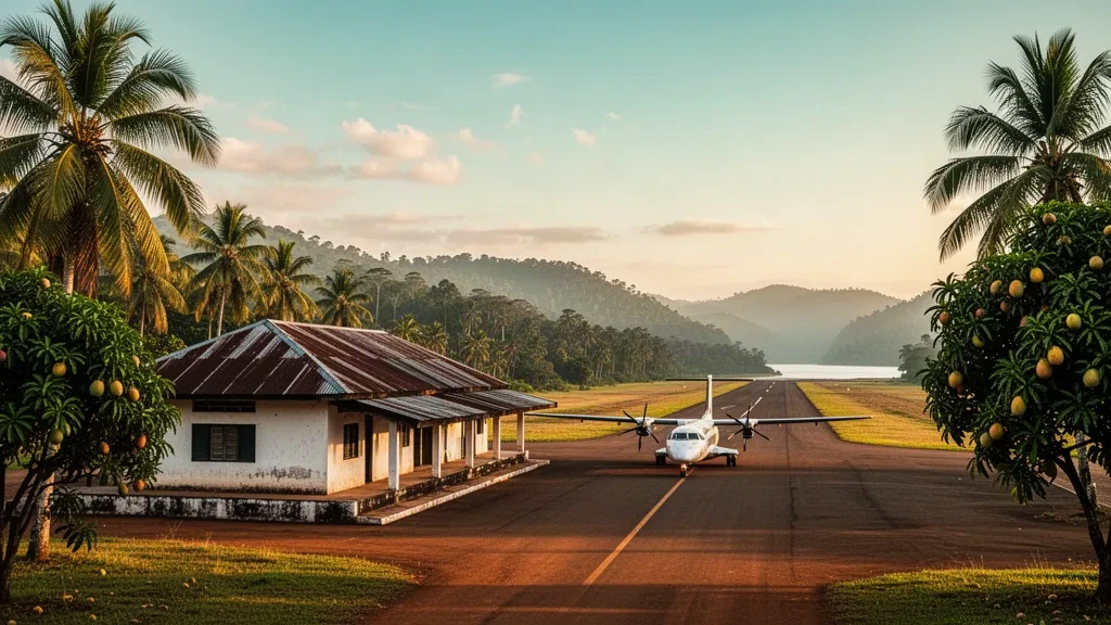 Aeropuerto tropical de Maroantsetra en Madagascar con una pequeña terminal, palmeras, colinas de selva tropical y un avión turbohélice en la plataforma