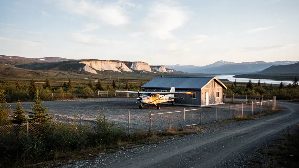 Kleines Propeller-Buschflugzeug, das neben der Schotterpiste am abgelegenen White Mountain Airport in Alaska parkt, umrahmt von Tundrahügeln im goldenen Abendlicht