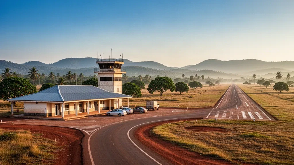 Petit terminal d'aéroport régional, tarmac et piste ensoleillée desservant Mampikony dans le nord de Madagascar à l'heure dorée