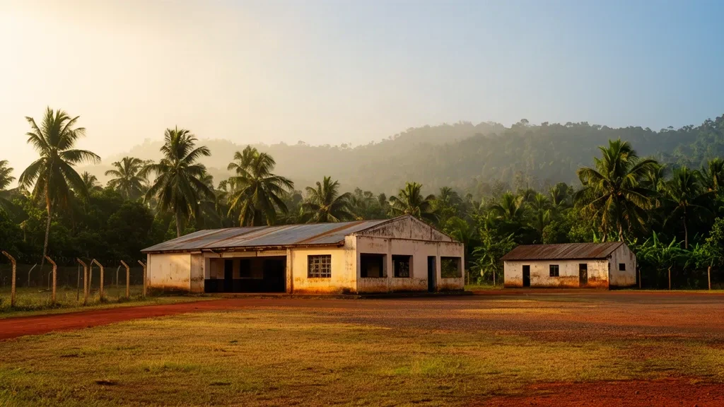 Pequeño edificio terminal tropical en el aeropuerto de Mananara Nord WMR, en Madagascar, rodeado de palmeras y una plataforma de hierba bajo una cálida luz de tarde
