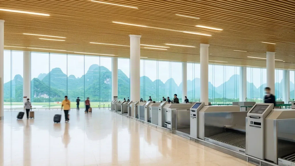 Hall d'enregistrement et de départ lumineux à l'intérieur du terminal de l'aéroport de Zunyi Maotai, avec des parois vitrées donnant sur les collines verdoyantes du Guizhou