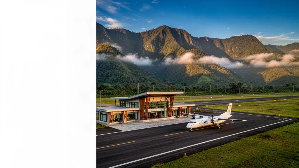 Wamena Airport terminal and runway with Baliem Valley mountains, highland Papua travel scene at golden hour.