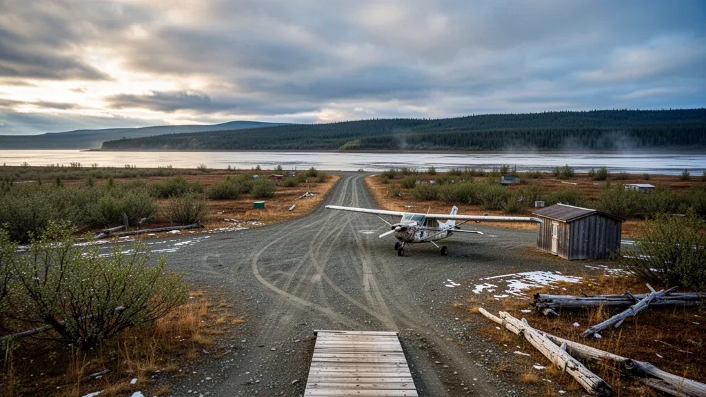 Remote Alaska gravel runway at Napakiak Airport beside the Kuskokwim River with a small bush plane and tundra landscape